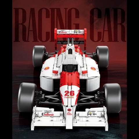 White & Red Track Racing Car Building Kit — High-Performance Retro Racer with Steering, Suspension & Removable Body