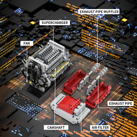 Mocsage MOC-171732 Crossplane V8 Engine with Supercharger & removable Cover Building Blocks Set (1054PCS/Dynamic Version)