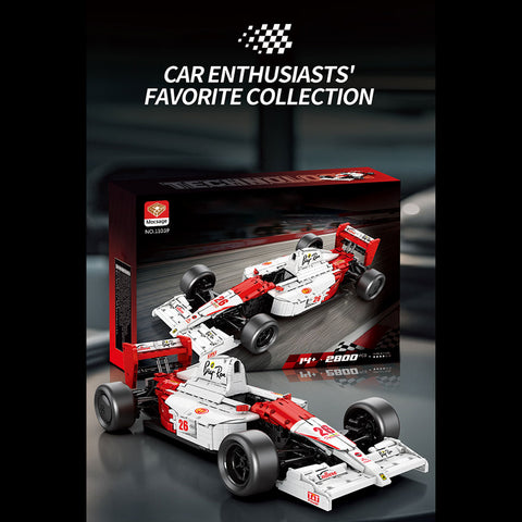 White & Red Track Racing Car Building Kit — High-Performance Retro Racer with Steering, Suspension & Removable Body