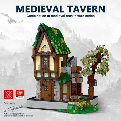 Mocsage MOC-117629 Medieval Modular Stree MEDIEVAL TAVERN with Lights Small Particles Building Blocks Set (1872PCS)