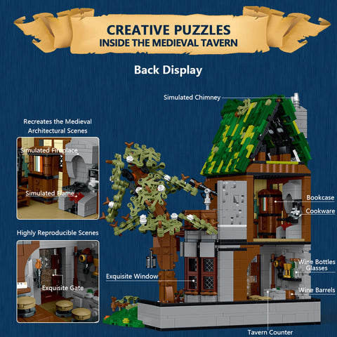 Mocsage MOC-117629 Medieval Modular Stree MEDIEVAL TAVERN with Lights Small Particles Building Blocks Set (1872PCS)