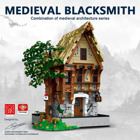 Mocsage MOC-117629 Medieval Modular Stree MEDIEVAL BLACKSMITH with Lights Small Particles Building Blocks Set (1991PCS)