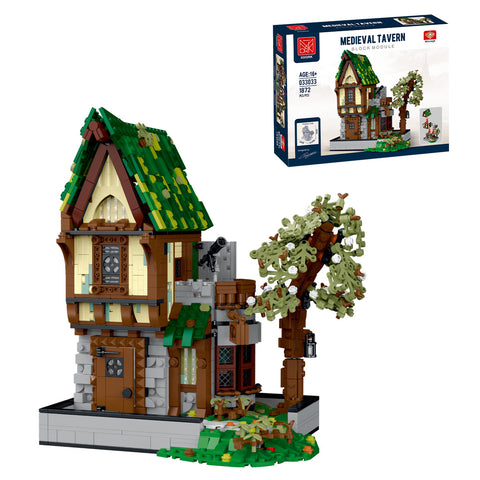 Mocsage MOC-117629 Medieval Modular Stree MEDIEVAL TAVERN with Lights Small Particles Building Blocks Set (1872PCS)