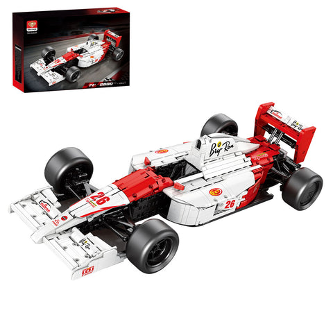 White & Red Track Racing Car Building Kit — High-Performance Retro Racer with Steering, Suspension & Removable Body