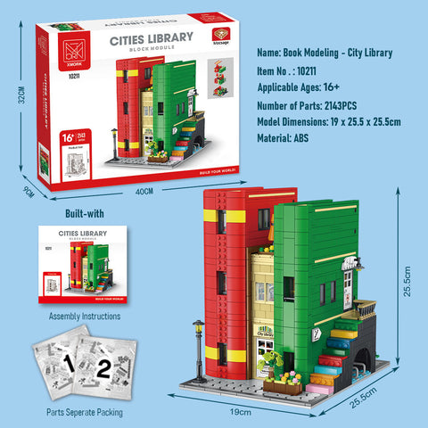 Mocsage City Library Modular  Street Scene Small Particles Building Blocks Set with LED Lights (2143PCS)